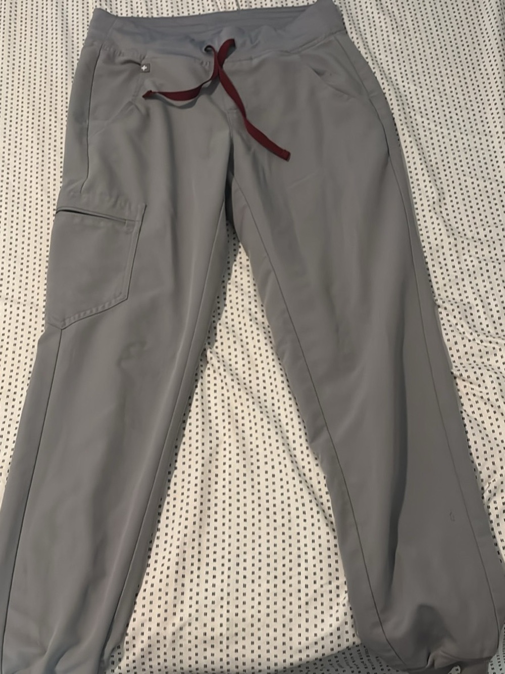 FIGS Women's Gray Jogger Scrub Pants with Burgundy Drawstring